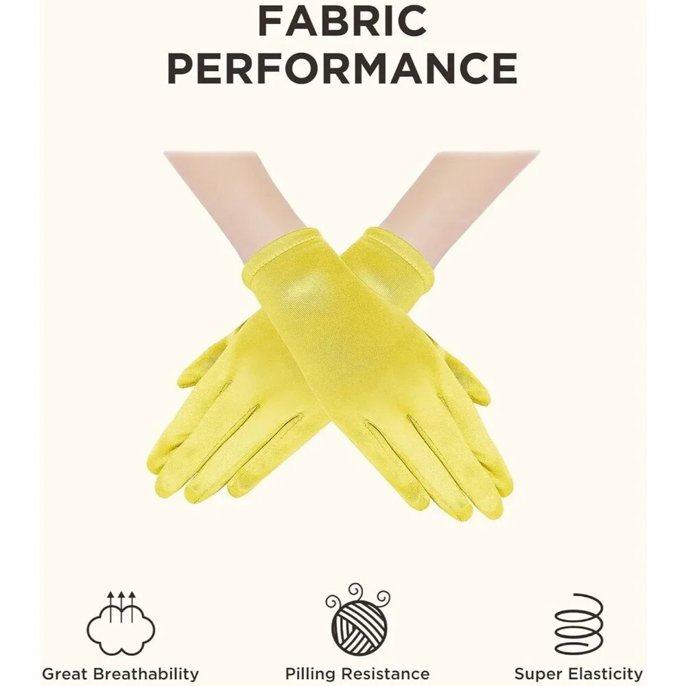 Women's Short Yellow Satin Silk Gloves Banquet Wedding Party Costume Accessories